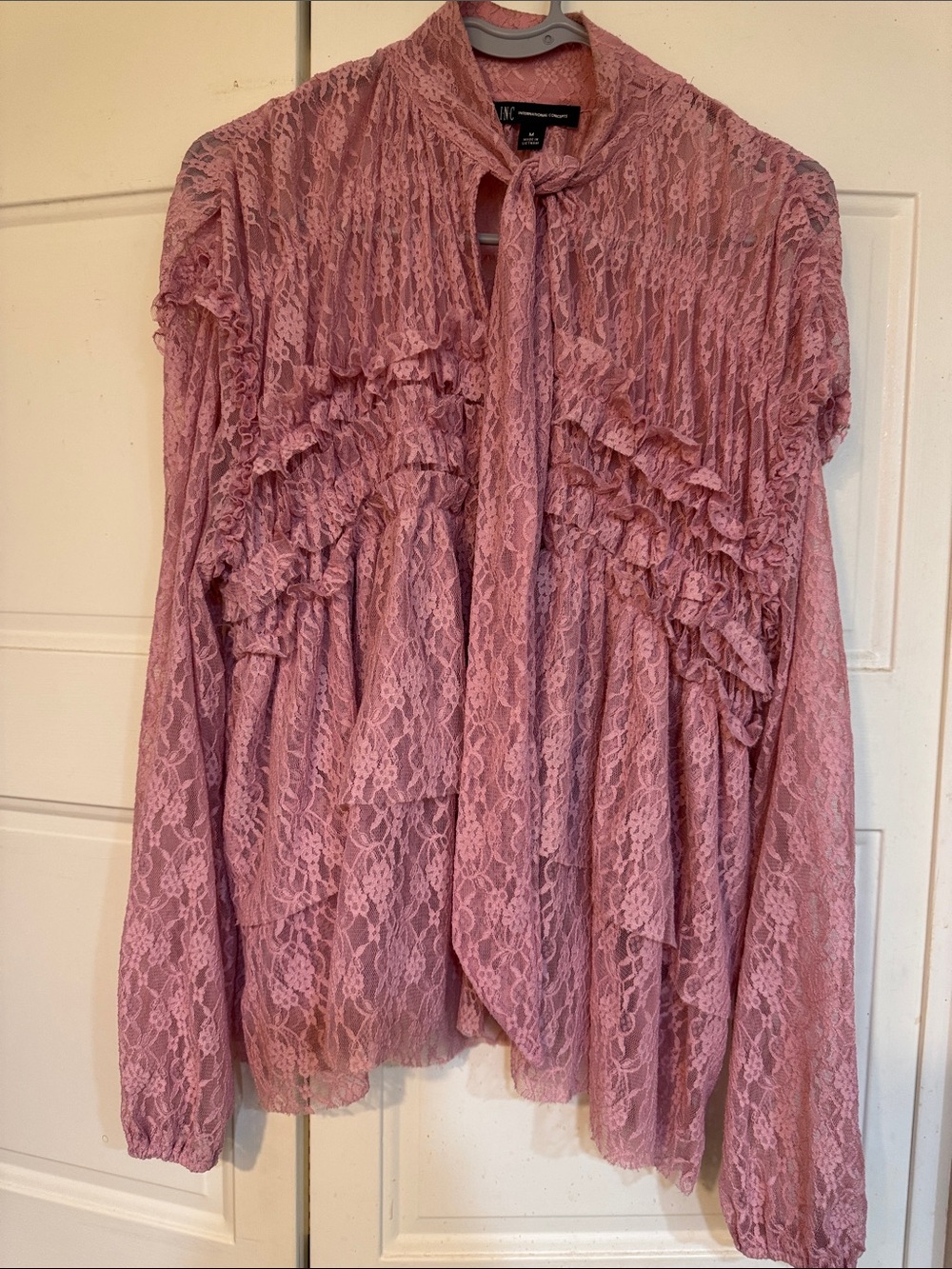 INC Dusty Rose Lace Tie-Neck Peasant Blouse